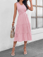 Striped Johnny Collar Sleeveless Midi Dress Blush Pink / S