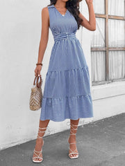 Striped Johnny Collar Sleeveless Midi Dress Dusty Blue / S