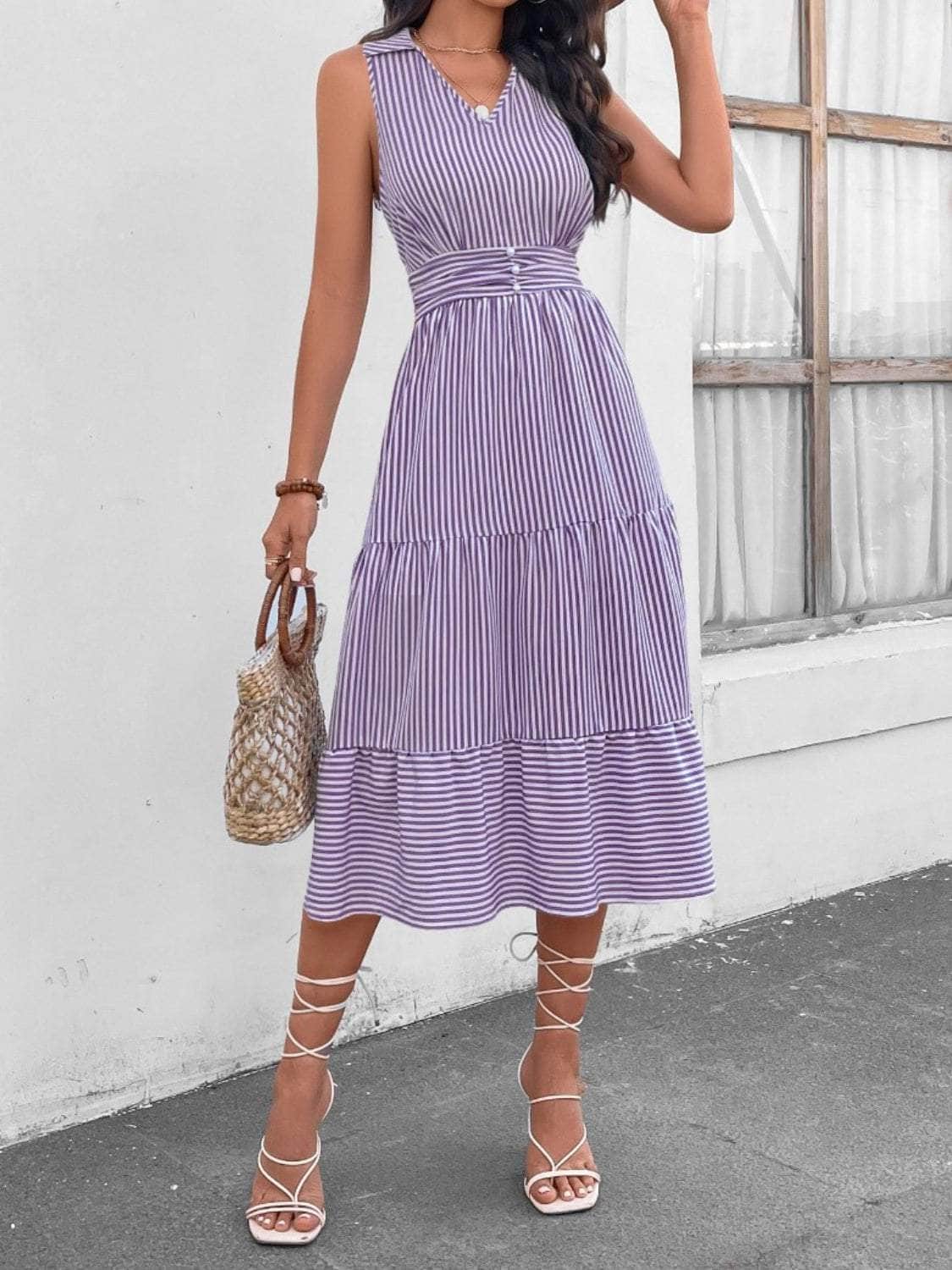 Striped Johnny Collar Sleeveless Midi Dress Lavender / S