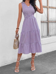 Striped Johnny Collar Sleeveless Midi Dress Lavender / S