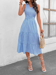Striped Johnny Collar Sleeveless Midi Dress Misty Blue / S