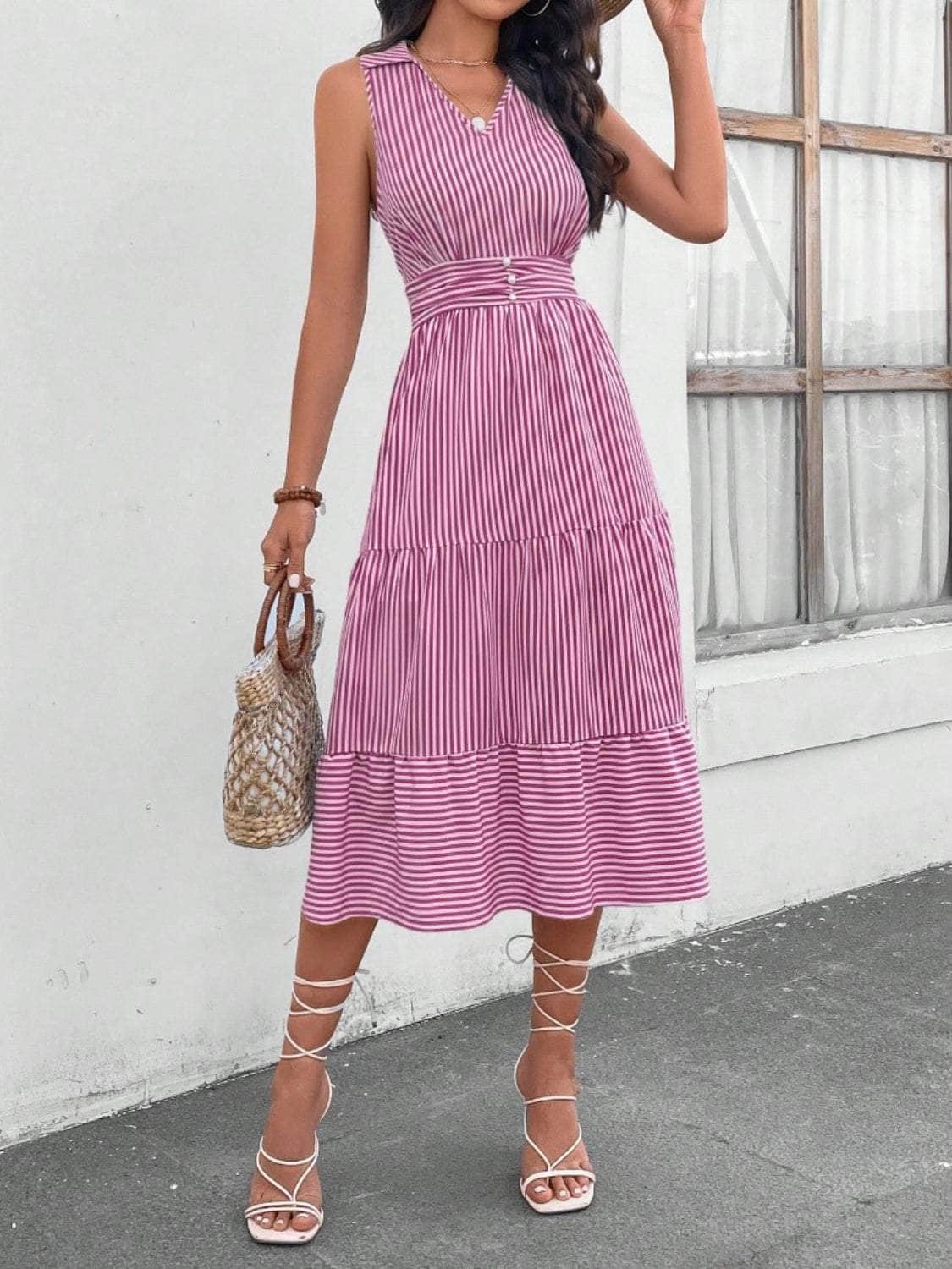 Striped Johnny Collar Sleeveless Midi Dress Moonlit Mauve / S