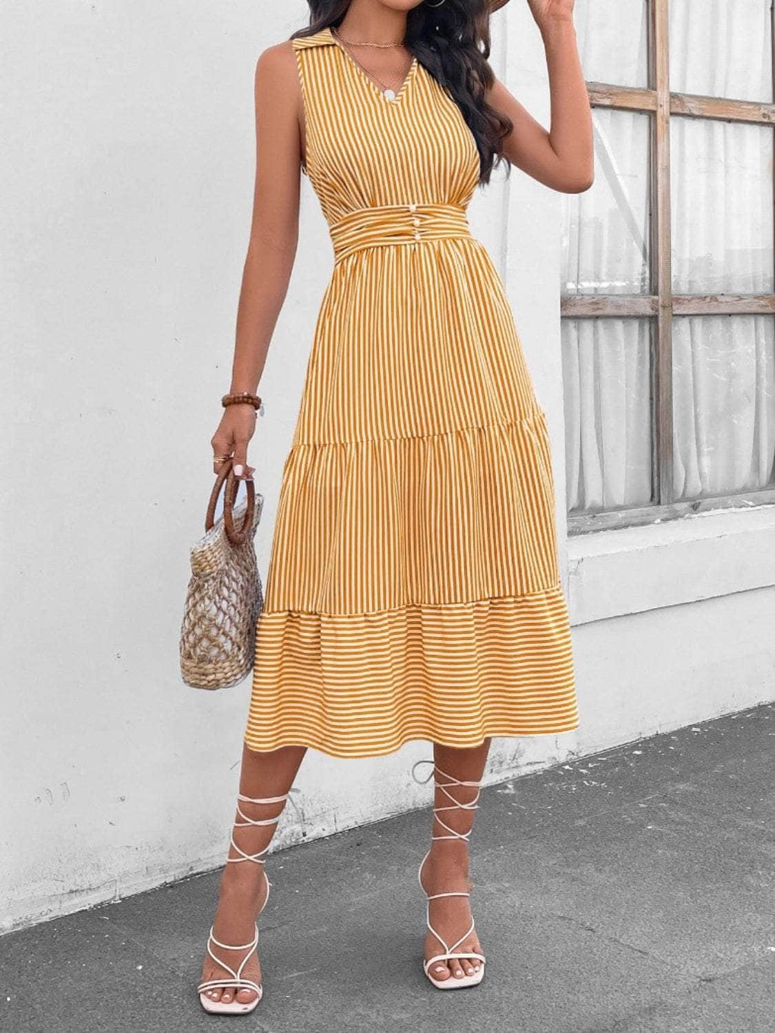 Striped Johnny Collar Sleeveless Midi Dress True Yellow / S