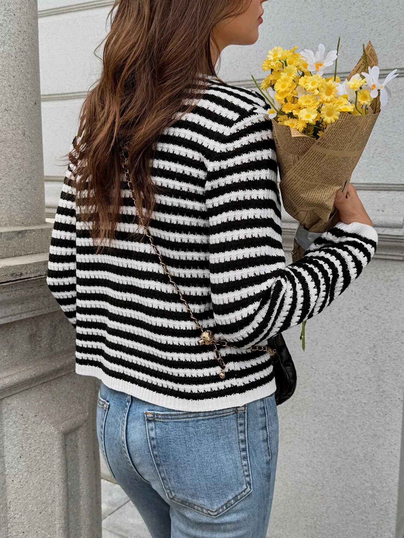 Striped Knit Cardigan with Gold Buttons