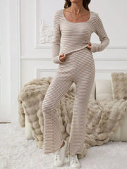 Striped Knit Long Sleeve Top & Flare Leg Pants Set