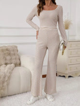 Striped Knit Long Sleeve Top & Flare Leg Pants Set Apricot / S