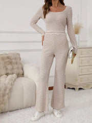 Striped Knit Long Sleeve Top & Flare Leg Pants Set Apricot / S