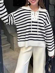 Striped Lace-Up Long Sleeve Sweater