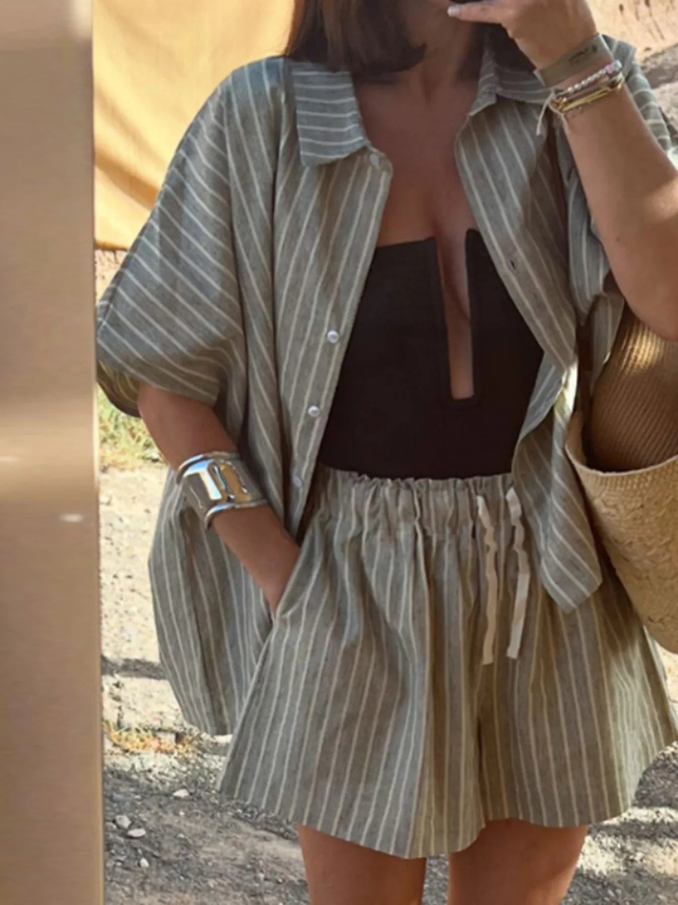 Striped Linen Shirt and Shorts Two-Piece Summer Set Grey / S
