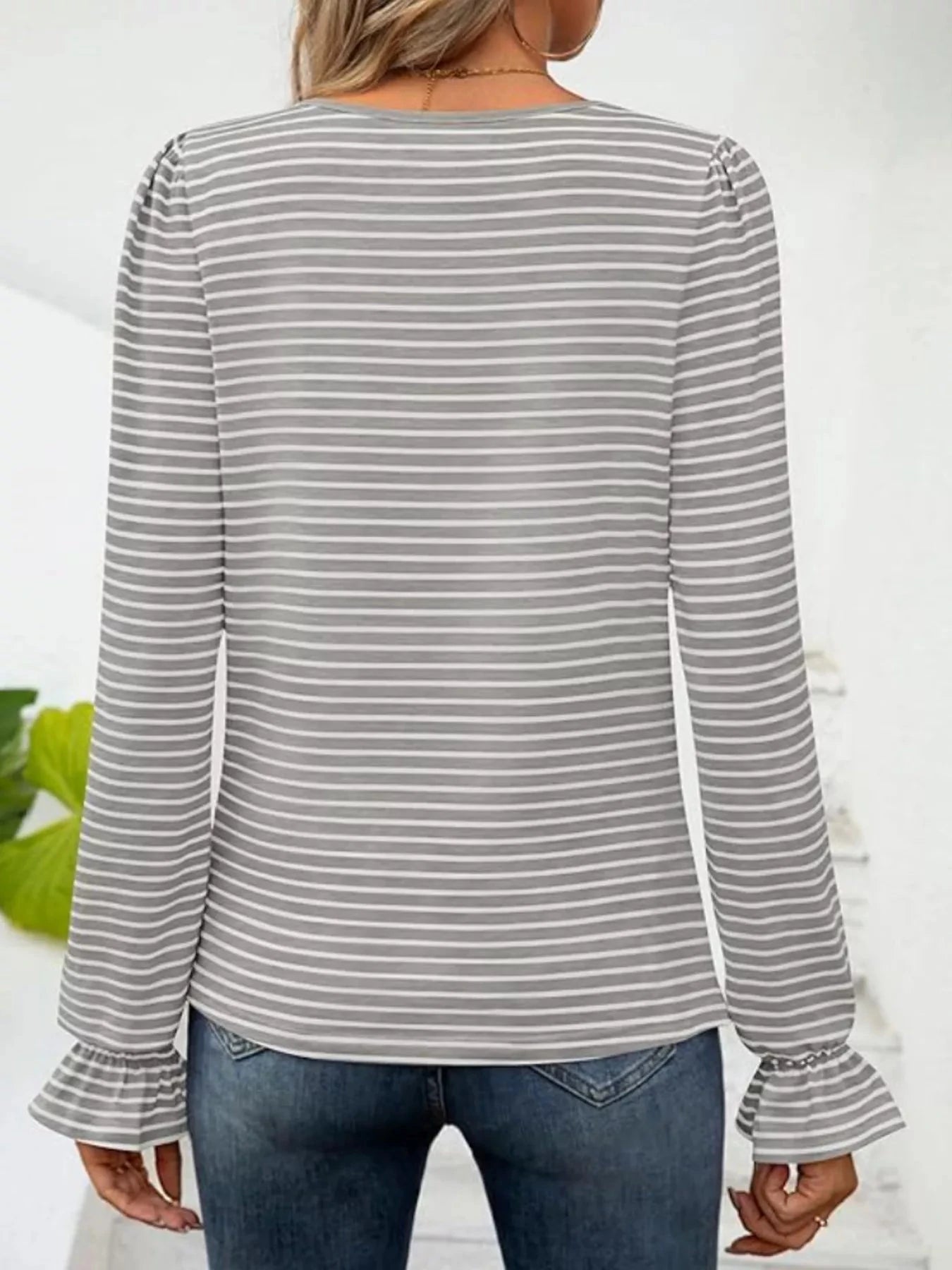Striped Long Sleeve T-Shirt with Square Neckline
