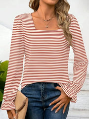 Striped Long Sleeve T-Shirt with Square Neckline
