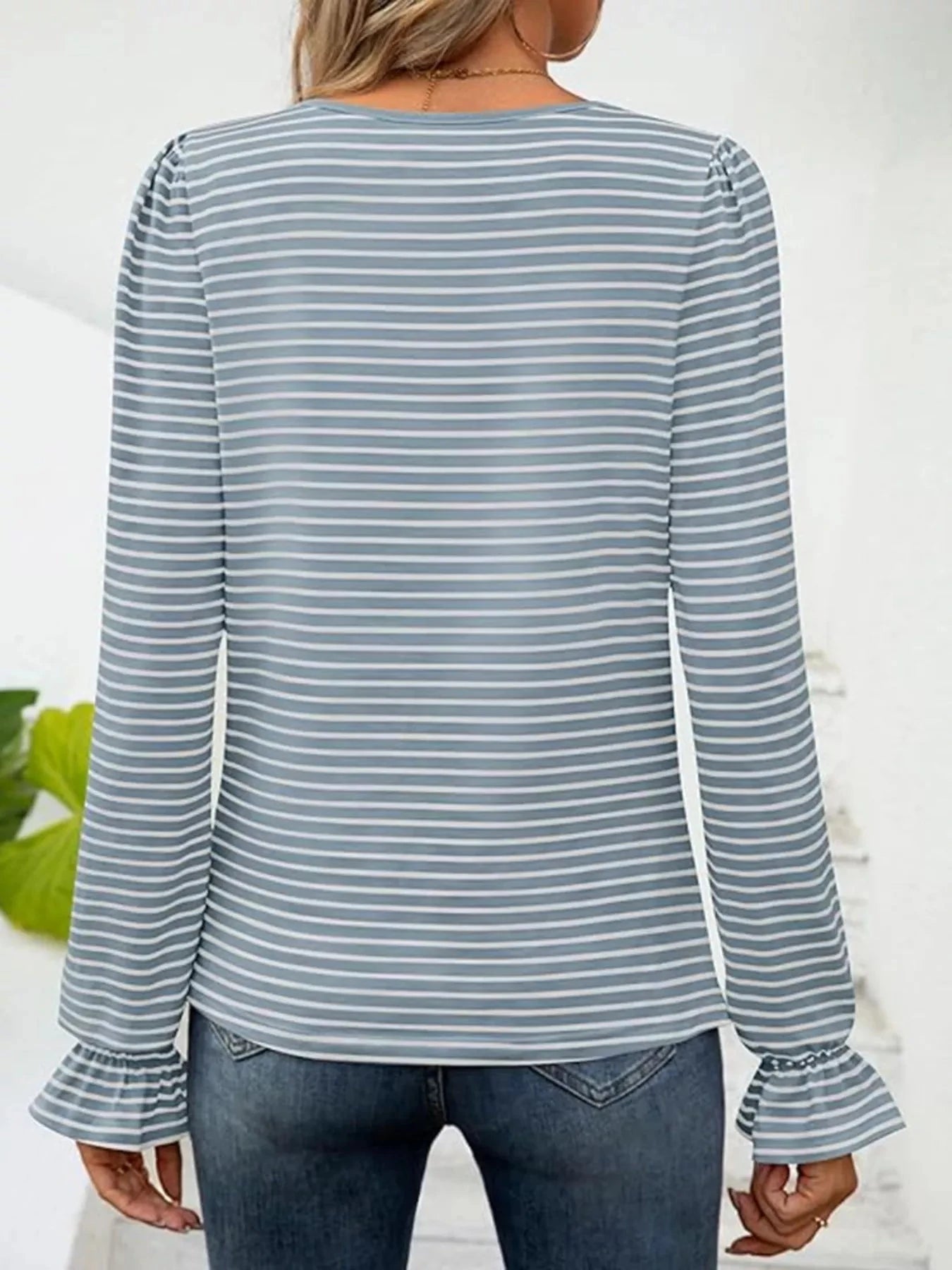 Striped Long Sleeve T-Shirt with Square Neckline