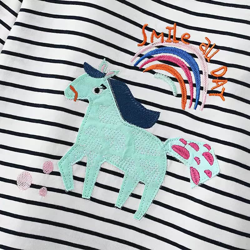 Striped Long-Sleeve T-Shirt with Unicorn and Rainbow Applique