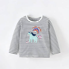 Striped Long-Sleeve T-Shirt with Unicorn and Rainbow Applique 2-3 Years / White