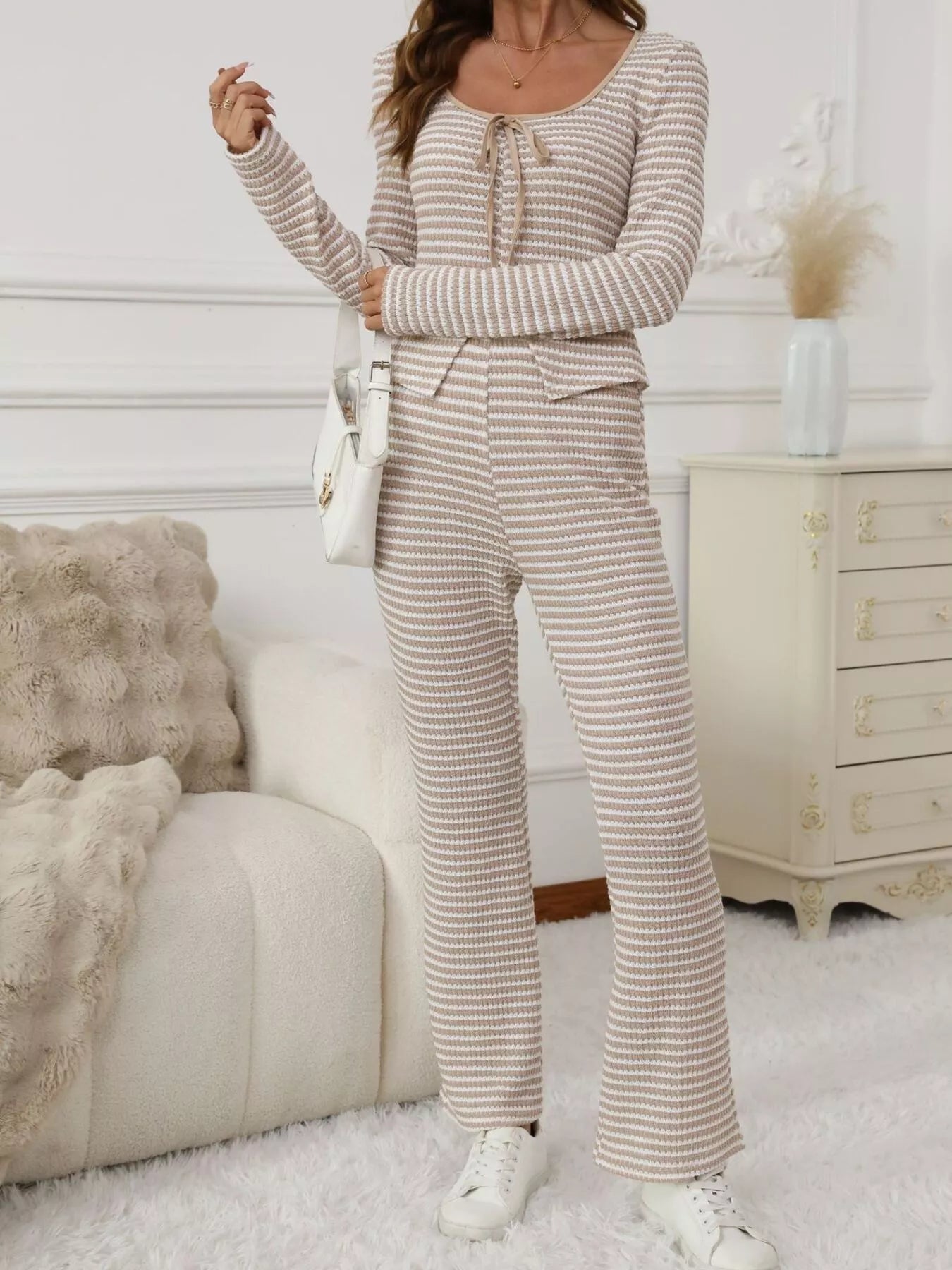 Striped Long Sleeve Top and Pants Set Apricot / S