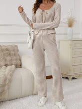 Striped Long Sleeve Top and Pants Set Apricot / S
