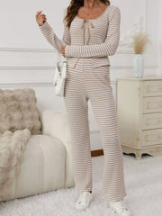Striped Long Sleeve Top and Pants Set Apricot / S