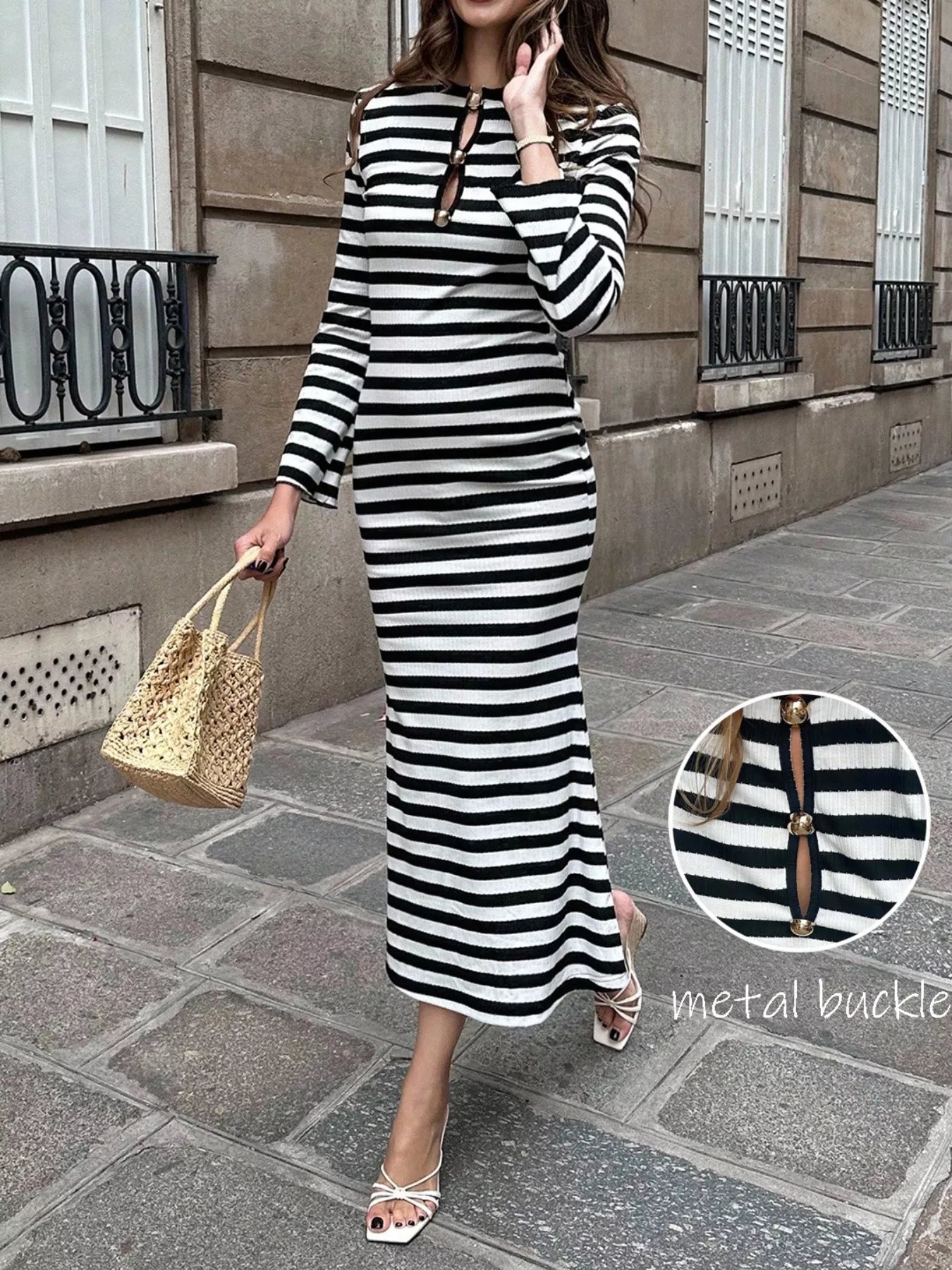 Striped Metal Buckle Bodycon Midi Dress