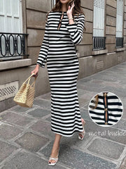 Striped Metal Buckle Bodycon Midi Dress