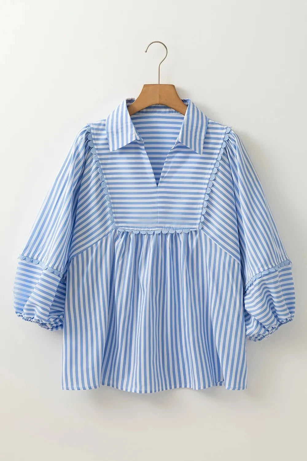 Striped Notched 3/4 Sleeve Blouse