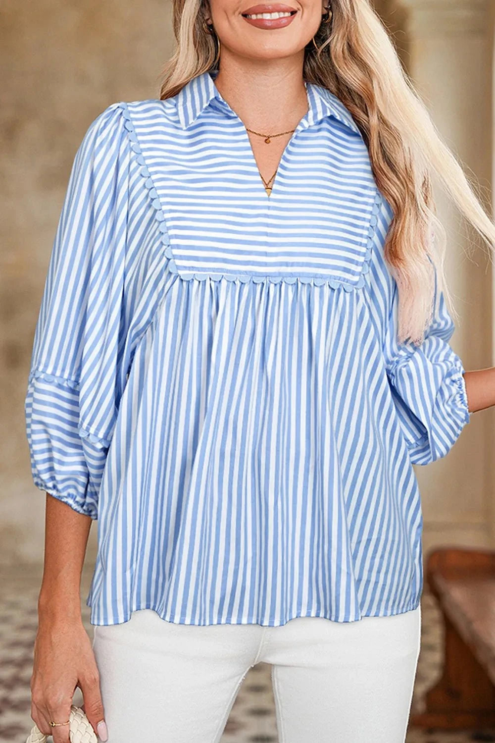 Striped Notched 3/4 Sleeve Blouse Light Blue / S