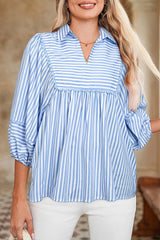 Striped Notched 3/4 Sleeve Blouse Light Blue / S