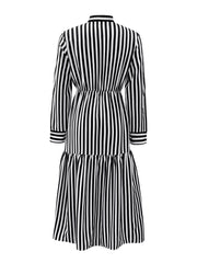 Striped Notched Long Sleeve Midi Dress