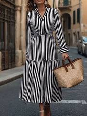 Striped Notched Long Sleeve Midi Dress Stripe / S