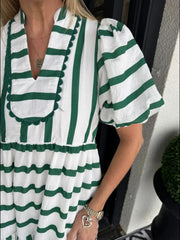 Striped Notched Puff Sleeve Midi Dress