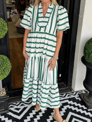 Striped Notched Puff Sleeve Midi Dress Green / S