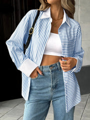 Striped Oversized Button-Up Shirt Blue / S