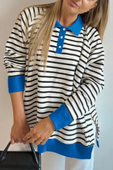 Striped Polo Collar Long Sleeve Sweatshirt Stripe / S