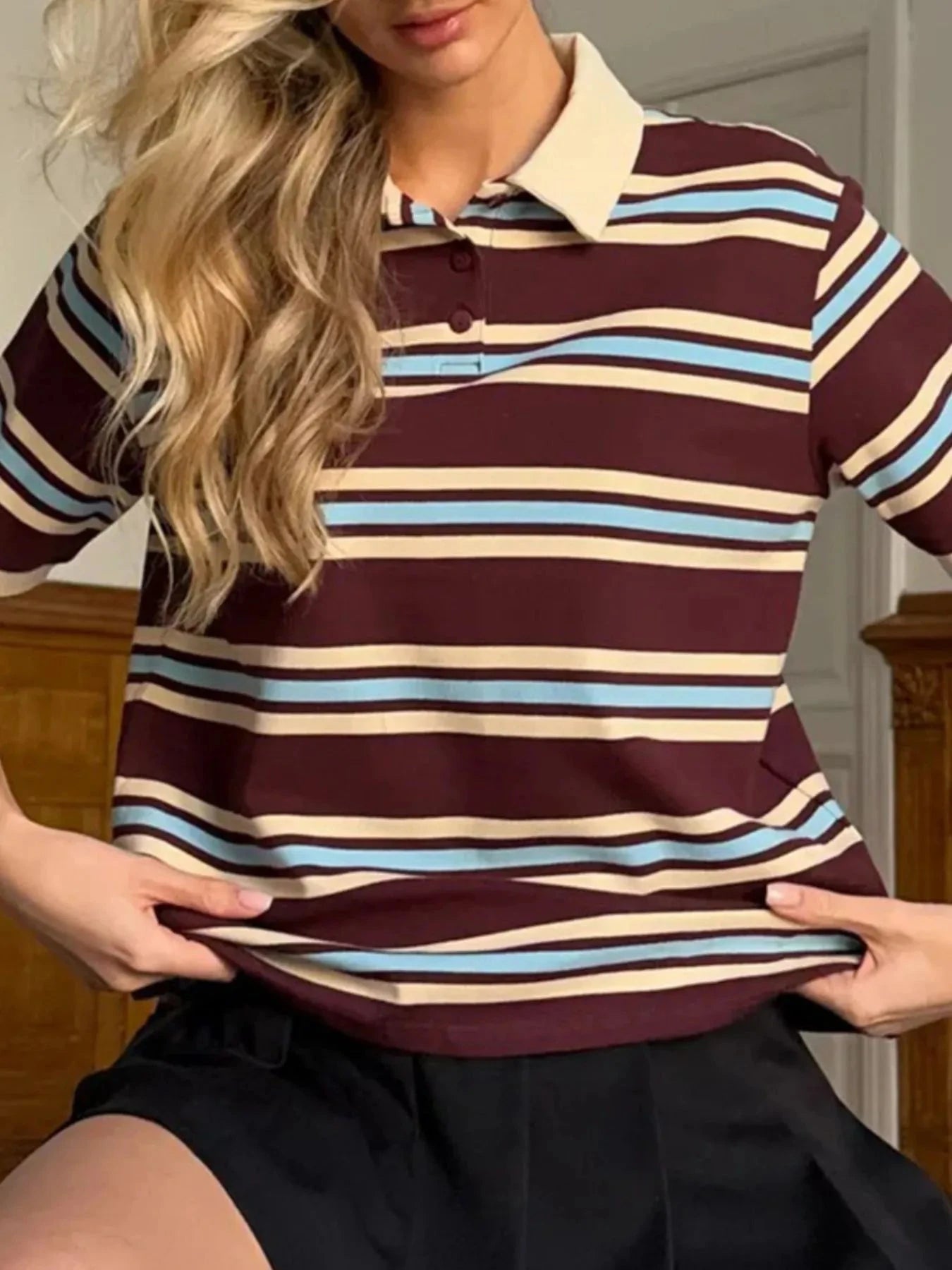 Striped Polo T-Shirt with Contrast Collar