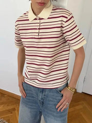 Striped Polo T-Shirt with Contrast Collar Apricot / S