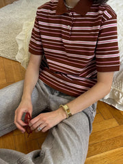 Striped Polo T-Shirt with Contrast Collar Coffee Color / S