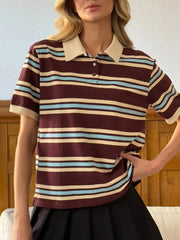 Striped Polo T-Shirt with Contrast Collar Dark Brown / S