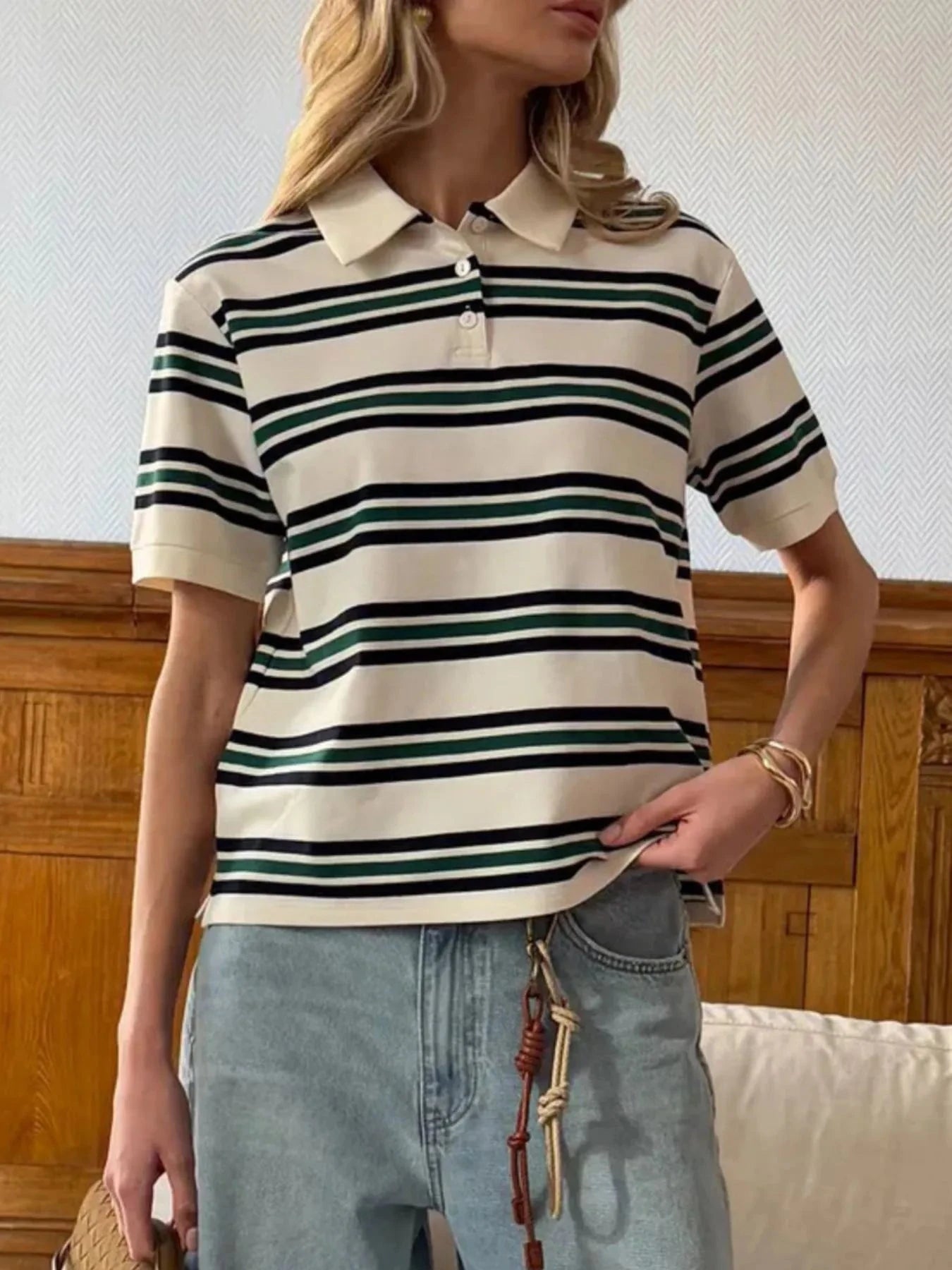 Striped Polo T-Shirt with Contrast Collar Green / S