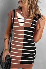 Striped Quarter Zip Cap Sleeve Sweater Dress Black / S