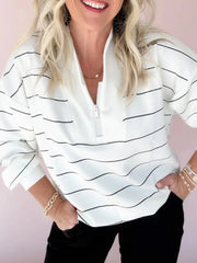 Striped Quarter Zip Sweatshirt with Relaxed Fit White / S