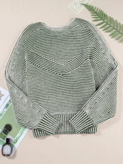 Striped Ribbed Knit Boat Neck Baggy Sweater