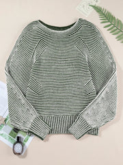 Striped Ribbed Knit Boat Neck Baggy Sweater