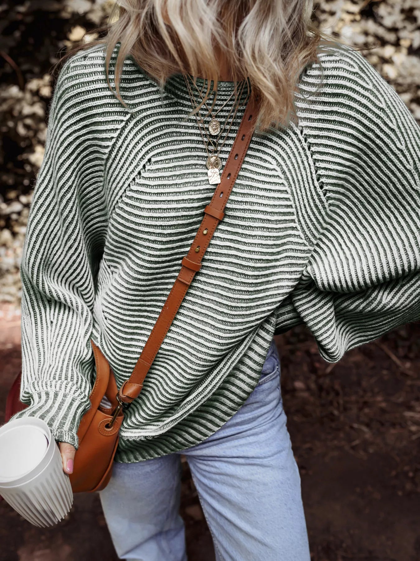 Striped Ribbed Knit Boat Neck Baggy Sweater