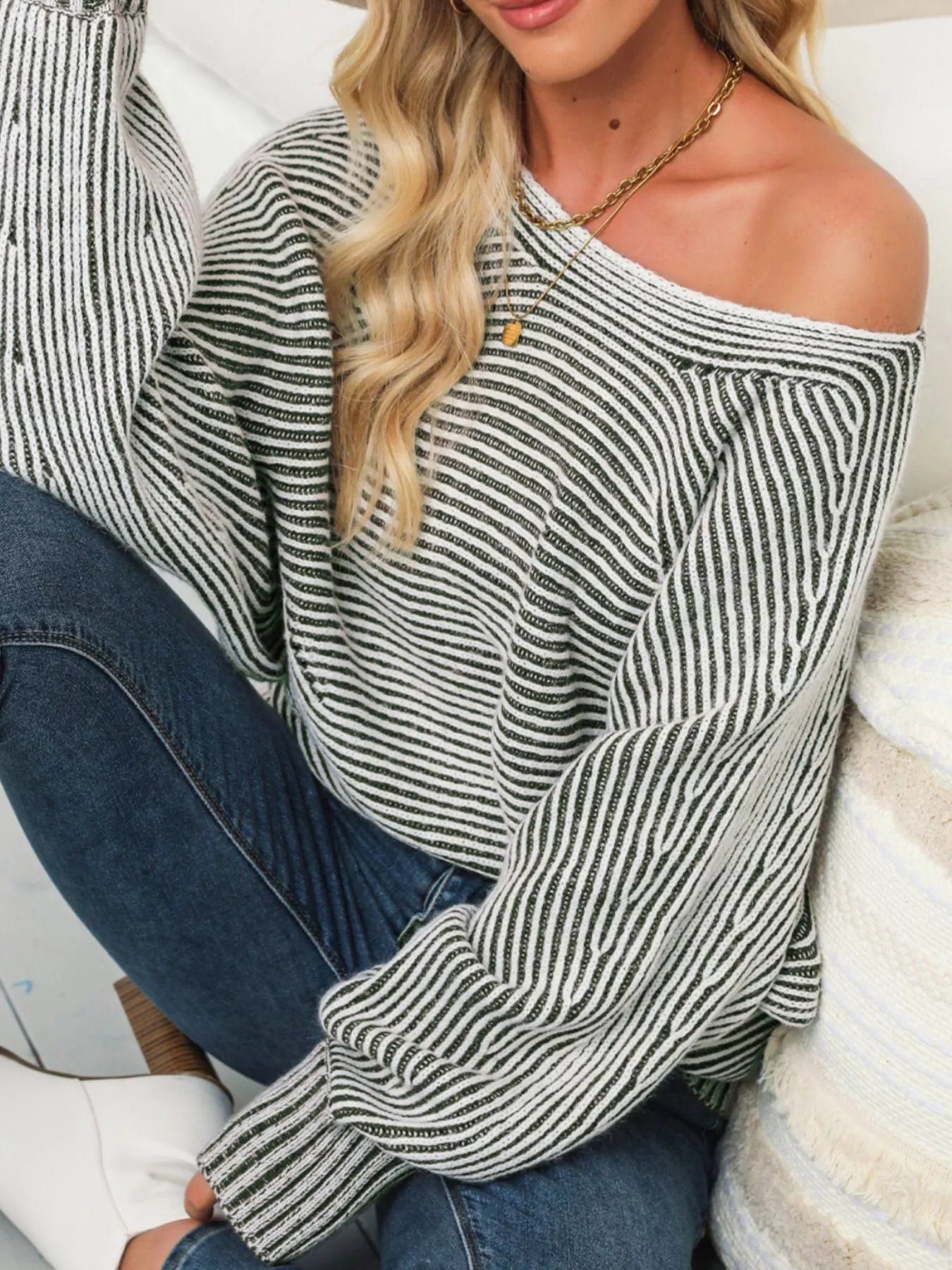 Striped Ribbed Knit Boat Neck Baggy Sweater