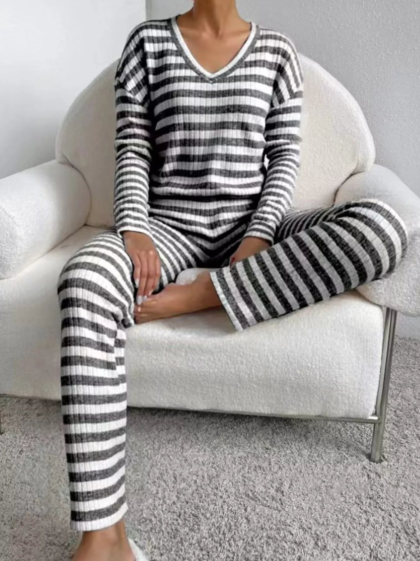 Striped Ribbed Knit Top and Pants Set