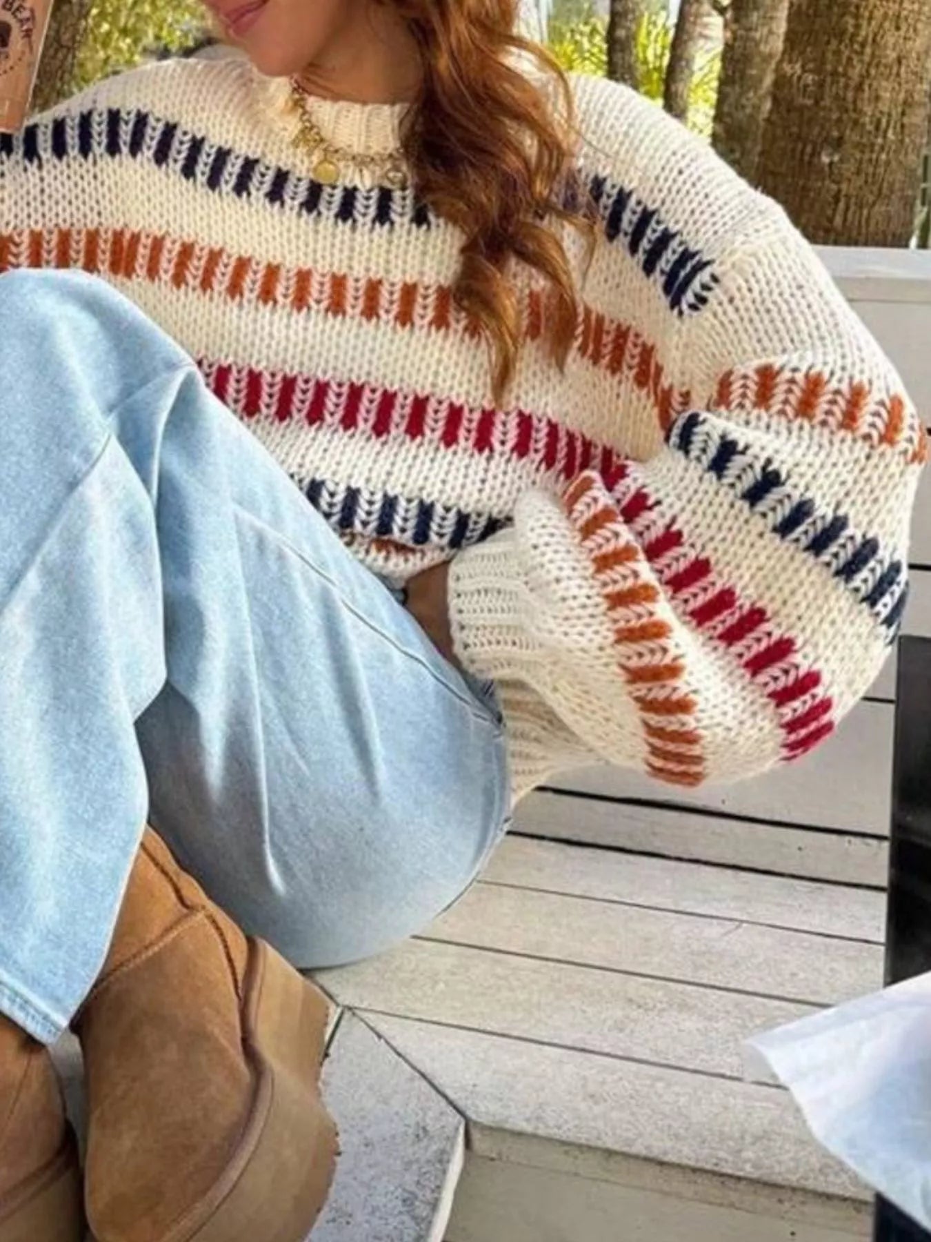 Striped Round Neck Long Sleeve Sweater