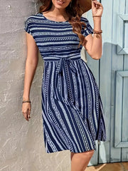 Striped Round Neck Short Sleeve Casual Dress Navy Blue / S