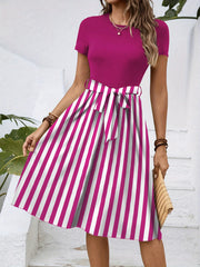 Striped Round Neck Short Sleeve Dress