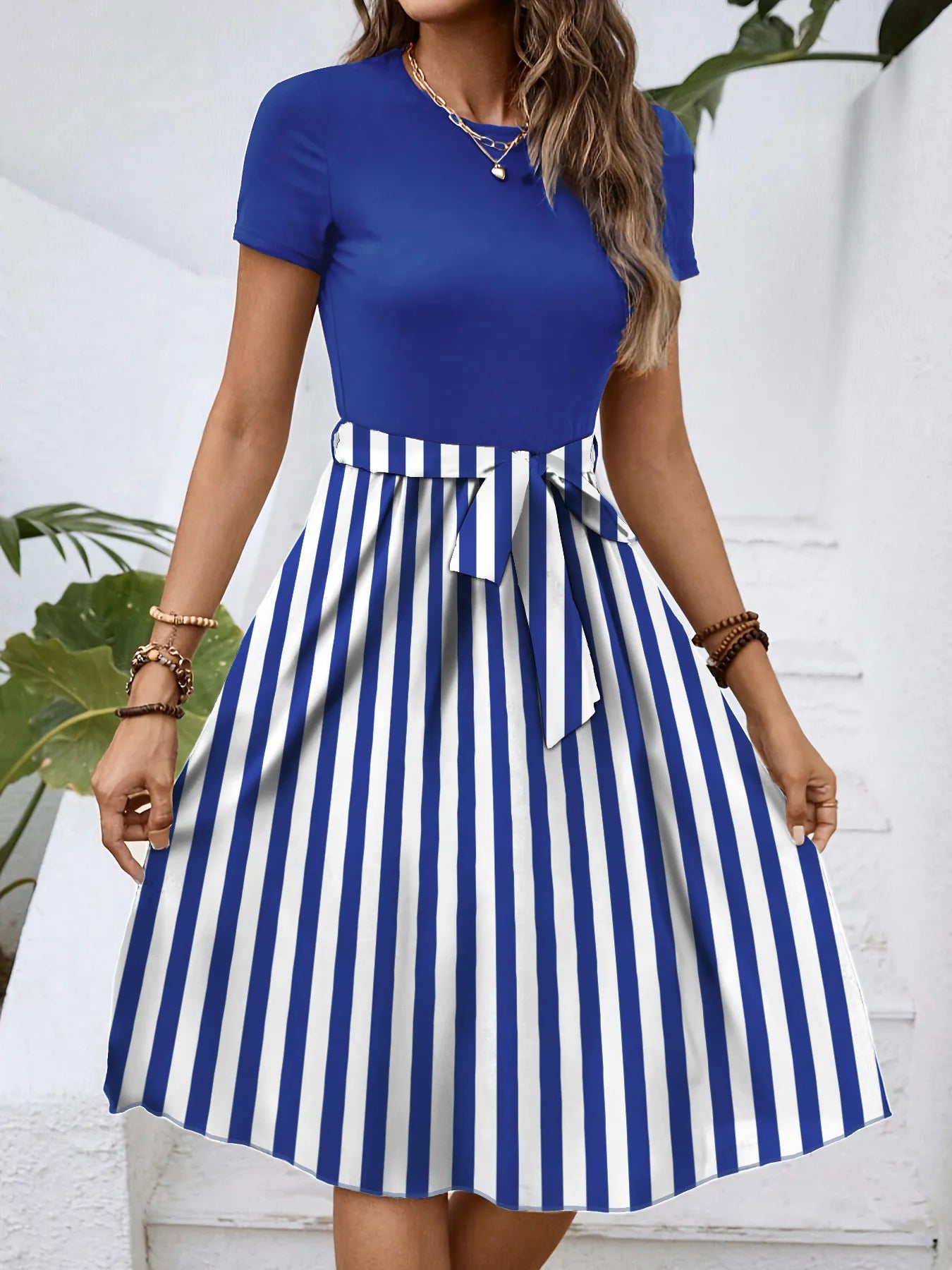 Striped Round Neck Short Sleeve Dress