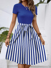 Striped Round Neck Short Sleeve Dress