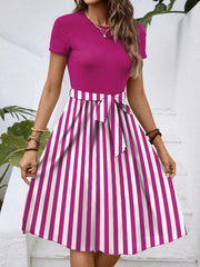 Striped Round Neck Short Sleeve Dress